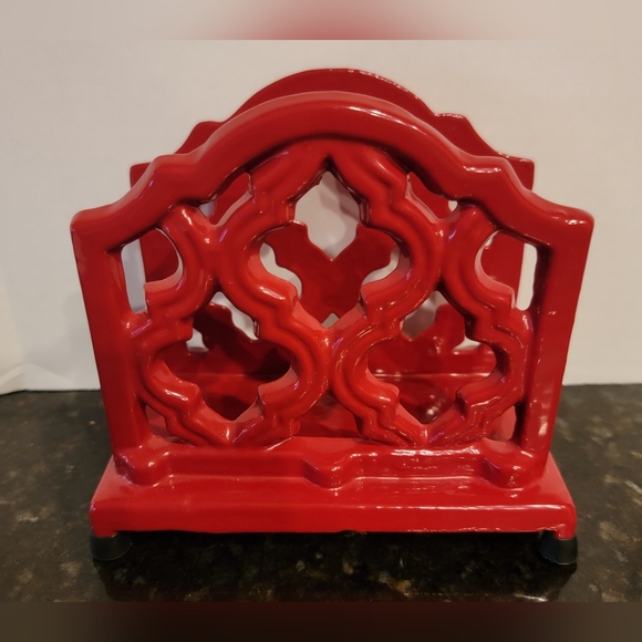 Red Enameled Cast Iron Napkin/ Letter Holder Country Style 5"×5.5"× 3 5" - Picture 2 of 8